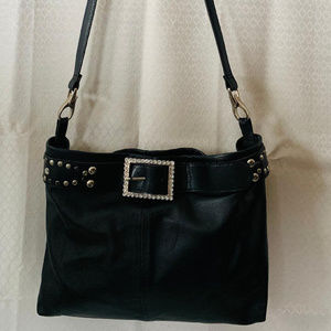 Leather Shoulder Bag Black Embellished Artisan